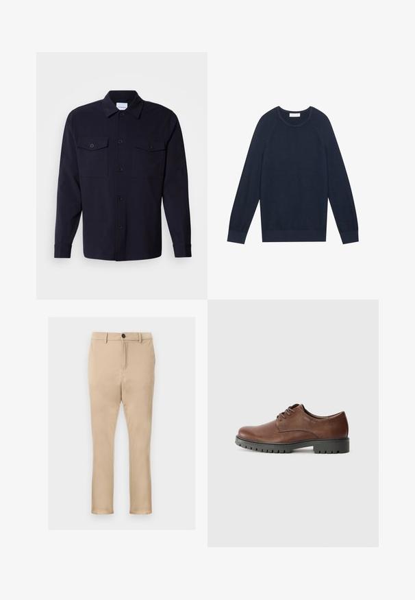 Mørkeblå sweater, let strikket stof, rund halsudskæring, ribbede manchetter og kant, med raglanærmer og en subtil tekstur.; Marineblå skjortejakke lavet af blødt stof, der har to brystlommer, knaplukning foran og lange ærmer med knapmanchetter.; Beige chinos lavet af glat stof, med lige ben, lommer foran og en enkelt sort knaplukning i taljen.; Brune læder oxford sko med en glat tekstur, rund tå og sål i sort gummi med et mønster. Snører fastgjort foran.