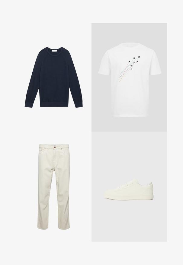 Suéter azul marino, tejido ligero, con cuello redondo, puños y dobladillo acanalados, mangas raglán y una textura sutil.; Camiseta blanca con siete siluetas negras de aviones ascendiendo, cada una con una línea curva de color diferente detrás.; Pantalones de algodón beige con corte recto, cinco bolsillos, cierre de botón y detalles de costura sutiles. Textura uniforme sin patrones visibles.; Zapatillas blancas con parte superior de textura suave, punta redonda y cordones tradicionales, con un diseño minimalista y suela de goma.