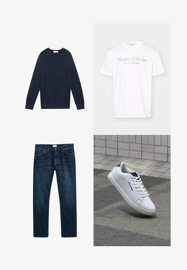 Mørkeblå sweater, let strikket stof, rund halsudskæring, ribbede manchetter og kant, med raglanærmer og en subtil tekstur.; Hvid bomuld t-shirt med rund hals, korte ærmer og grå trykt tekst, der siger "Marc O’Polo EST. I STOCKHOLM."; Mørkeblå denim jeans med lige ben, knap- og lynlåslukning samt forlommer. Glat tekstur og minimal falmning.; Hvide lædersneakers med lavt design, struktureret overflade, en marineblå hælaccents og en flad gummisål med mønster.