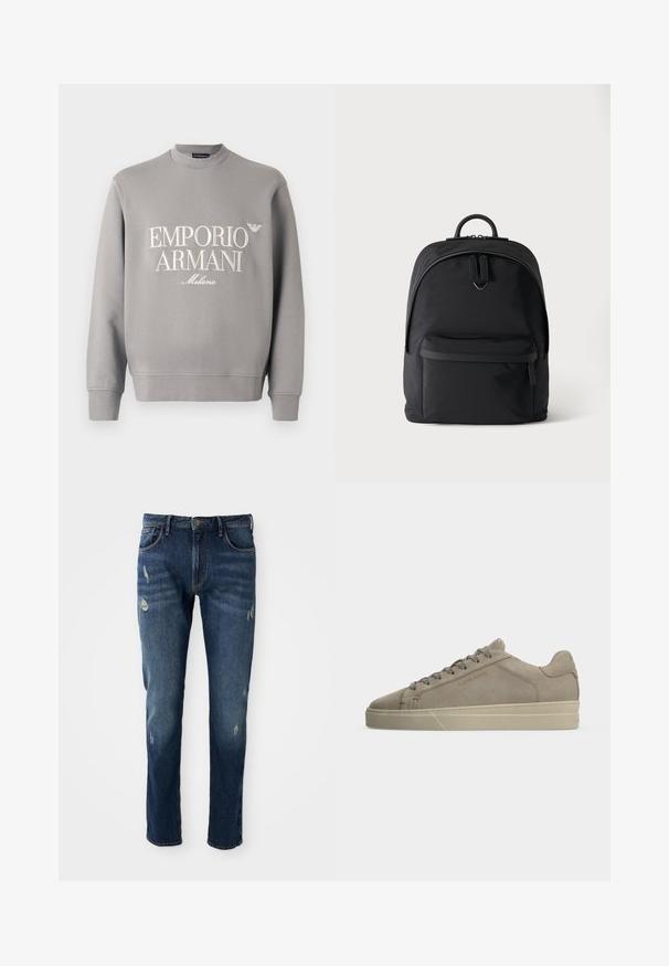 Grijze sweatshirt met een ronde hals, geribbelde manchetten en een geborduurd "EMPORIO ARMANI Milano" logo in crème. Zachte katoenmix.; Donkerblauwe denim jeans met slim fit, lichte slijtage op de dijen en knieën, klassiek vijf-pocket ontwerp en knoopsluiting.; Beige suède lage sneaker met tonale veters, crème rubberen zool en "FILLING PIECES" geperst op het zijpaneel.; Zwarte rugzak met een voorvak met rits, hoofdvak met dubbele rits en een klein metalen logo onder de hoofdritsgrepen.