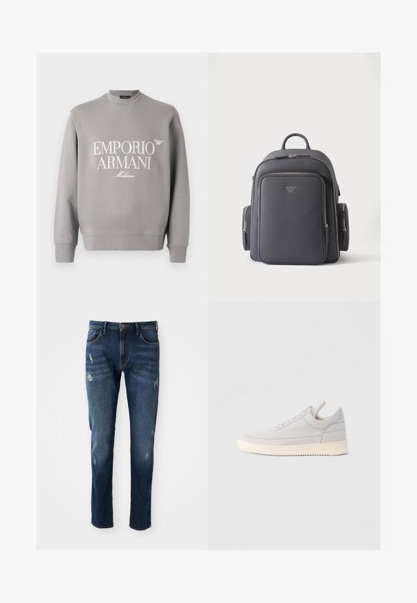 Grå sweatshirt med en rund halsudskæring, ribstrikkede ærmer og broderet "EMPORIO ARMANI Milano" logo i cremefarve. Blødt materiale af bomuldsblanding.; Mørkeblå denimjeans med slim fit, let slid på lår og knæ, klassisk fem-lomme design og knaplukning.; Lysegrå lædersneaker med teksturerede sider, snørebånd foran og cremefarvet gummisål. Har en glat tåhætte og minimalistiske designdetaljer.; Sort læderrygsæk med lynlåslommer foran og på siden samt et lille metal-logo i midten foran.