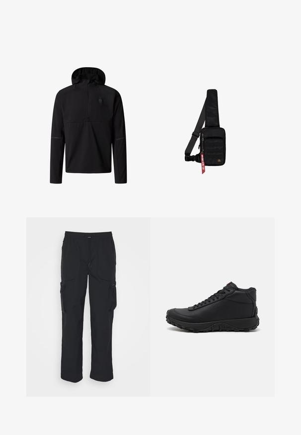 Sudadera negra con capucha, de manga larga, con cremallera parcial y logo sutil en el pecho izquierdo, diseñada para uso al aire libre o casual.; Pantalones cargo negros hechos de tejido tejido. Cuenta con una cinturilla ajustable, bolsillos laterales y dos bolsillos de utilidad con cremalleras.; Zapatillas altas negras hechas de cuero texturizado, con suela de goma gruesa con patrones de tracción y diseño de cordones. Acabado en rojo en la lengüeta.; Bolso bandolera negro hecho de tela texturizada. Cuenta con un compartimento principal con cremallera, bolsillo delantero con cinta, correa ajustable y una etiqueta decorativa.