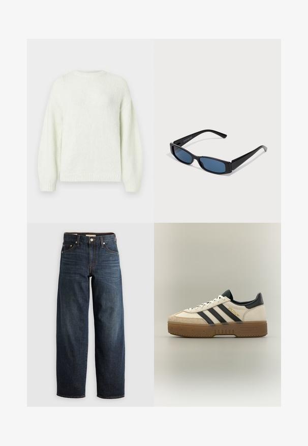 Suéter de punto verde claro con mangas largas, cuello redondo y dobladillo acanalado. Textura suave, ajuste relajado y diseño ligeramente oversize.; Jeans oscuros de denim, con un diseño de pierna recta, estilo de cinco bolsillos, y acentos de costura superior con cierre de botón.; Zapatilla blanca Adidas con rayas negras, puntera de ante beige, suela marrón y "SPEZIAL" en letras doradas en el lateral.; Gafas de sol negras con una elegante montura rectangular y lentes azules. Presentan una textura suave y varillas resistentes. Logo de la marca en el costado.