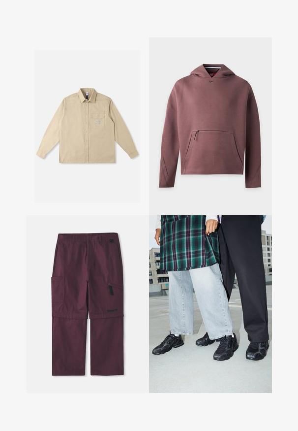 Sweat à capuche mauve Nike à manches longues avec poche zippée à l'avant et petit logo Swoosh noir sous l'encolure.; Chemise beige à manches longues en tissu coton, avec un col classique, une patte de boutonnage sur le devant, une poche poitrine simple et un écusson de la marque sur la poche.; Pantalons cargo convertibles bordeaux avec poche zippée sur le côté et logo Timberland sur la jambe droite, avec entrejambe allongé montré.; Baskets de sport noires avec des accents en mesh et en caoutchouc. Portées avec un jean large gris clair et un haut à carreaux vert. Fond à surface plane.