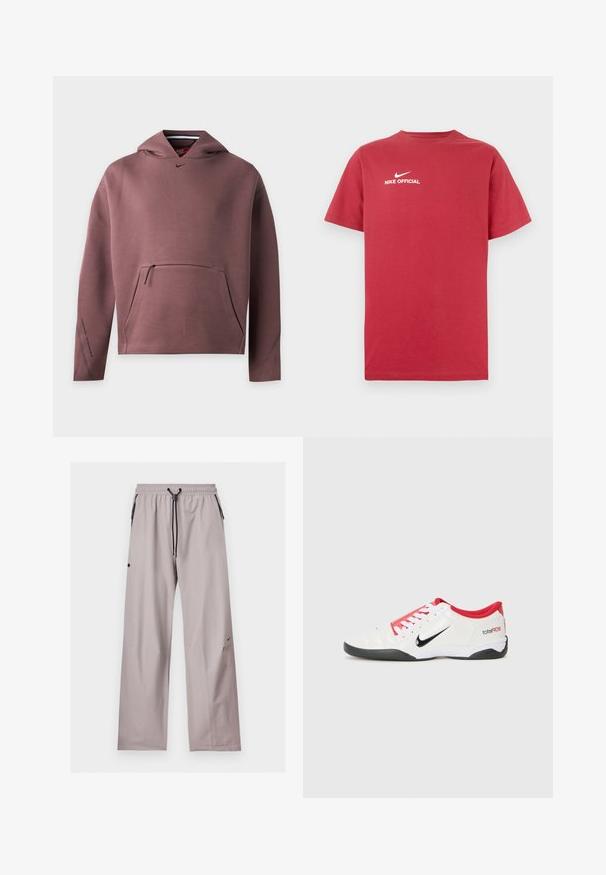 Langærmet mauve Nike hættetrøje med lynlåslomme foran og lille sort Swoosh-logo under halsudskæringen.; Rød bomulds t-shirt med rund hals, der har en hvid Nike-logo og teksten "NIKE OFFICIAL" centreret på brystet. Korte ærmer.; Lysegrå løstsiddende bukser med elastisk talje, sort justerbar snor og sidelommer med sorte lynlåse.; Hvide atletiske sko med røde accenter, sort Swoosh-logo og struktureret design. Har hvide snørebånd og en sort ydersål. Teksten læser "total90."