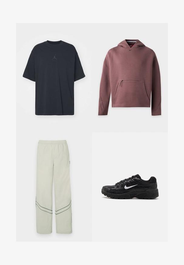 Langemouwige mauve Nike-hoodie met ritsvak aan de voorkant en klein zwart Swoosh-logo onder de halslijn.; Zwarte katoen T-shirt met een losse pasvorm, ronde hals, korte mouwen, met een subtiele logo en de tekst "AIR" boven het logo in het midden.; Lichtgroene, loszittende broek met een elastische tailleband, met donker groene diagonale lijnen en een eenvoudig ontwerp. Gladde, lichte stof.; Zwarte sportieve schoenen met een gestructureerd mesh-bovenwerk en rubberen zool. Iconisch wit swoosh-logo aan de zijkant, met een vetersluiting.