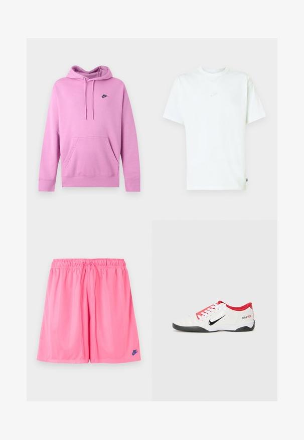 Lyserød Nike hoodie med forlomme og snore, med lille sort Nike-logo på venstre bryst.; Hvid bomuld T-shirt med rund hals, korte ærmer og lille præget Nike-logo på brystet. Blød tekstur og afslappet pasform.; Lyserøde atletikshorts med elastisk linning og lille mørkeblå Nike-logo på venstre ben nederst.; Hvide atletiske sko med røde accenter, sort Swoosh-logo og struktureret design. Har hvide snørebånd og en sort ydersål. Teksten læser "total90."