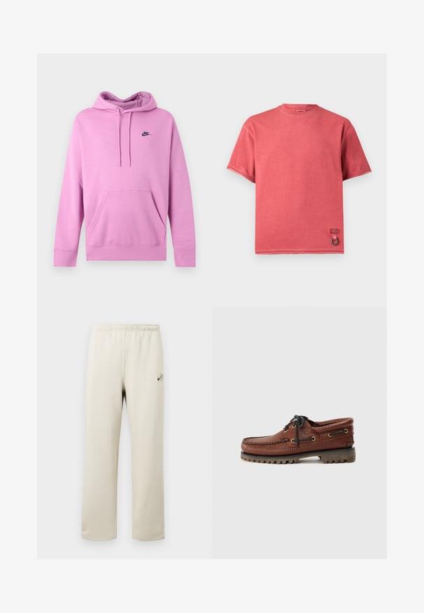 Lyserød Nike hoodie med forlomme og snore, med lille sort Nike-logo på venstre bryst.; Rød t-shirt med korte ærmer, crew neck og små detaljer med mærke og metalloop nær den nederste kant.; Beige joggingbukser med elastik i taljen, lige ben og lille grøn og sort Nike-logo på den øverste venstre lår.; Brune læder bådsko med struktureret overdel, sorte snørebånd og gyldne øjer. Har en holdbar, rillede gummisål.