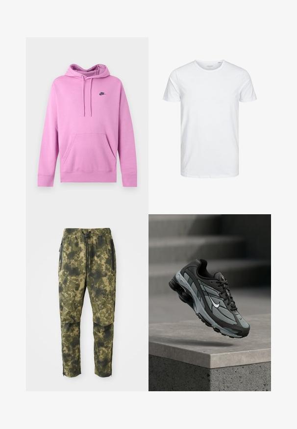 Svetloružová Nike mikina s kapucňou, predným vreckom a šnúrkami, s malým čiernym logom Nike na ľavej strane hrudníka.; Tričko s okrúhlym výstrihom a krátkym rukávom v čistej bielej farbe, vyrobené z jemnej bavlny, má jednoduchý dizajn bez viditeľných vzorov alebo akcentov.; Kárované nohavice v rôznych odtieňoch zelenej farby s digitálnym vzorom. Vybavené elastickým pásom, šnúrkou na stiahnutie a bočnými vreckami so zipsom.; Šedá a čierna športová teniska s panelmi z sieťoviny a hrubou podrážkou, umiestnená vo vzduchu nad betónovým obrubníkom a schodmi v pozadí.