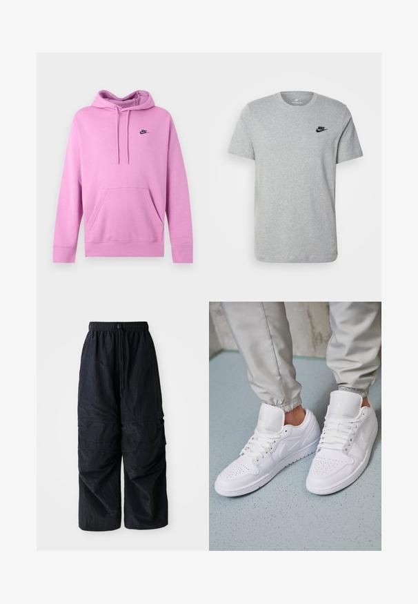 Hele roosa Nike kapuutsiga pusa esitasku ja paeladega, vasakul rinnal väike must Nike logo.; Halli lühikeste varrukatega T-särk, mis on valmistatud puuvillast ja millel on rinnal must Nike'i logo ning ümar kaelus. Minimalistlik disain, ilma mustriteta.; Mustad must have elastse pahklpüksid reguleeritava paelaga ja mitme kihilise taskuga jalgadel.; Valged nahast tossud sisaldavad perforatsiooni varvaste osas, lame nöörid, pehmendatud kaelus ja Jordani logo keelega. Kanda hallide spordipükstega.