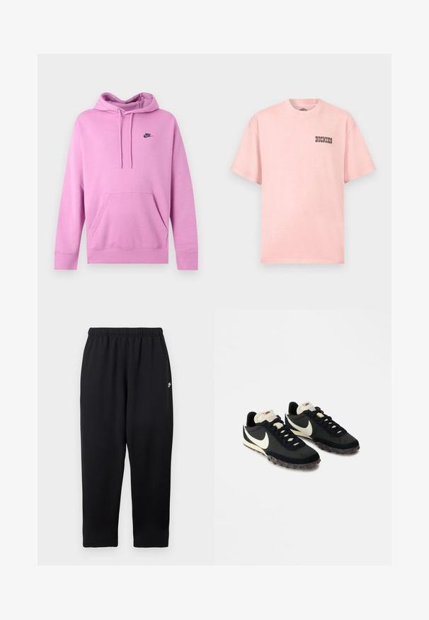 Gaiši rozā Nike sporta hūdijs ar priekšējo kabatu un aukliņām, kreisajā krūšu pusē mazs melns Nike logotips.; Gaiši rozā īsroku krekls ar apaļu kaklu un mazu melnu "Dickies" logotipu kreisajā krūtīs.; Melnas sporta bikses ar elastīgu jostasvietu un nelielu baltu logotipu kreisajā pusē. Izgatavotas no mīksta, viegla auduma. Taisnas kājas dizains.; Melnas sporta kurpes ar teksturētu augšu, baltu Swoosh logo un gumijas zoli ar mazām tādām, lai nodrošinātu saķeri. Krēmbaltā apkakle.