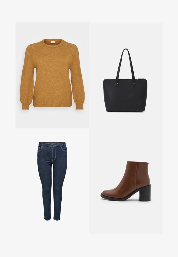 Mosterdgele gebreide trui met een ronde hals, geribbelde zoom en ballonsleeves, voorzien van textuur gebreide patronen op de schouders.; Donkerblauwe denim skinny jeans met een vijf-pocket ontwerp, voorzien van een knoopsluiting en stiksels op de naden. Gladde textuur, aansluitende stijl.; Bruine leren enkellaars met een ronde neus, gestructureerde bovenkant en een chunky zwarte hak. Effen afwerking en minimalistisch ontwerp.; Zwarte tote bag gemaakt van gestructureerd synthetisch materiaal, met twee lange handvatten en een ritsluiting, voorzien van accenten in zilverkleurige hardware.