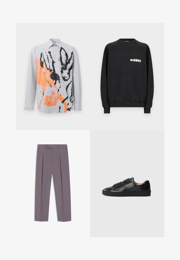 Schwarzer Sweatshirt mit Rundhalsausschnitt, langen Ärmeln und weißem "MISBHV"-Logo auf der linken Brust, gerippte Bündchen und Saum, schlichtes Frontdesign.; Gestreifte Button-up-Bluse mit einem abstrakten Design in Orange und Schwarz, das Tierumrisse und zeitgenössische Pinselstrichakzente zeigt.; Graue, maßgeschneiderte Herrenhosen mit Bundfalten, Seitentaschen, Gürtelschlaufen und einem vorderen Reißverschluss auf weißem Hintergrund.; Schwarze Leder-Sneaker mit glatter Textur, runder Zehenpartie und Schnürverschluss. Verfügt über eine dicke Gummisohle und minimalistische Marken-Details.