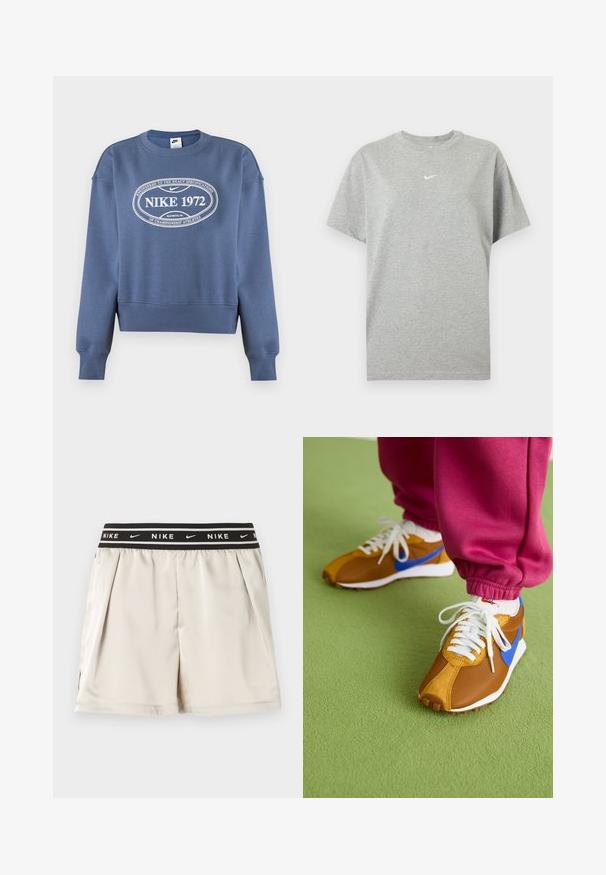 Blaues Nike Sweatshirt mit langen Ärmeln, gerippten Bündchen und Saum, mit weißem "NIKE 1972" Schriftzug und Logo in einem Oval auf der Brust.; Graues kurzärmeliges Baumwoll-T-Shirt mit Rundhalsausschnitt und kleinem weißen Nike-Swoosh-Logo mittig auf der Brust.; Hellbeige Nike-Shorts mit schwarzem elastischem Bund, versehen mit weißem Nike-Logo und Swoosh-Mustern, vor einfachem Hintergrund dargestellt.; Braune und blaue Sneakers aus einer Mischung aus Mesh- und Wildledermaterialien, versehen mit weißen Schnürsenkeln und einer strukturierten braunen Sohle, die auf grünem Boden platziert sind.