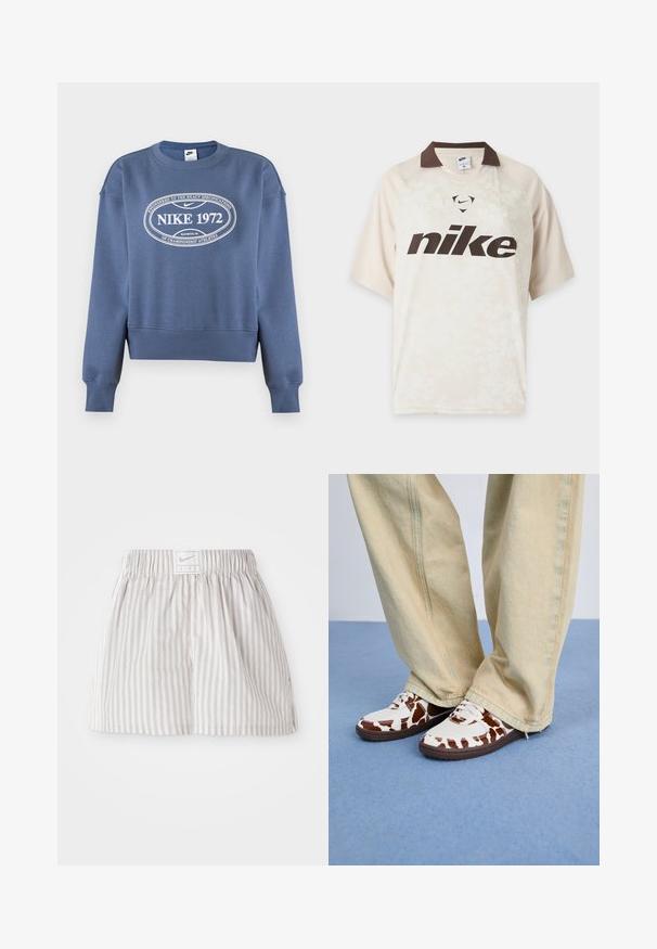 Sinine Nike pikkade varrukatega pusa soonikkoes mansettide ja äärega, valgete "NIKE 1972" ja logoga teks mosaiigis rinnal.; Helebeež Nike lühikeste varrukatega särk, tumepruuni krae ja suure tumepruuni Nike logoga ees.; Heledad hallide triibulised lühikesed püksid, mis on valmistatud pehmest kangast. Omavad elastset vöökohta, mille keskel on Nike logo silt.; Valge ja pruun mustriga tossud, millel on võrk ja nahk, pruuni kummitaldaga. Kombineeritud heledate beežide laia säärega pükstega.