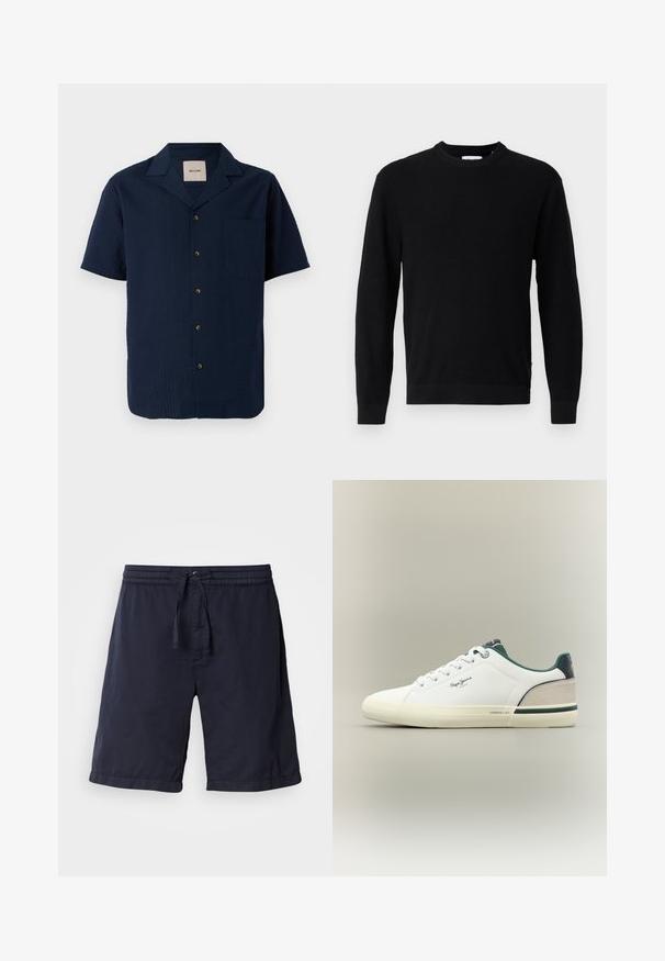 Sort langærmet sweater med rund hals, ribstrikket tekstur og tætsiddende manchetter, vist på en ensartet lysegrå baggrund.; Marineblå kortærmet skjorte med et struktureret mønster, knaplukning og en enkelt brystlomme. Materialet ser let og åndbart ud.; Marineblå bomuldsblandingsshorts med elastisk talje og snor, der har en afslappet pasform og opsmøgede kanter.; Hvid sneaker med glat syntetisk overflade, grønne detaljer ved kraven og grå ruskindshæl. Har runde snørebånd og en struktureret gummisål.