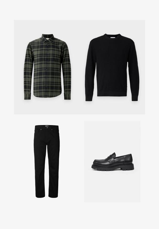 Sort langærmet sweater med rund hals, ribstrikket tekstur og tætsiddende manchetter, vist på en ensartet lysegrå baggrund.; Langærmet skjorte i mørkegrøn og sort ternet mønster, lavet af flannel. Har en klassisk krave og sorte knapper.; Sorte jeans med lige ben, knap- og lynlåslukning, bæltestropper samt for- og baglommer, vist mod en ensfarvet hvid baggrund.; Sort læderloafer med tyk rillede sål og penny-remdetalje, vist i højre sideprofil på hvid baggrund.