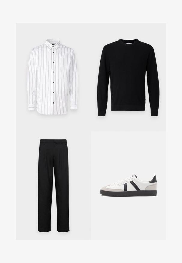 Pull noir à manches longues avec col rond, texture côtelée et poignets ajustés, présenté sur un fond gris clair uni.; Chemise blanche à manches longues avec des rayures verticales étroites en rouge et bleu, à boutons, col pointu et boutons noirs.; Pantalons noirs en tissu lisse, avec une coupe droite, deux plis avant et une taille standard avec passants de ceinture.; Baskets blanches avec des accents noirs et gris, présentant un embout texturé gris, une semelle en caoutchouc noir et des lacets plats blancs. Design épuré, style minimaliste.