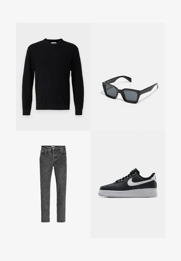 Zwarte trui met lange mouwen en ronde hals, voorzien van ribbelstructuur en nauwsluitende manchetten, weergegeven op een eenvoudige lichtgrijze achtergrond.; Jack & Jones Relaxed Fit JJICHRIS JJORIGINAL SQ 734 - Jeans Tapered Fit - black denim; Zwarte lederen sneaker met een textuur oppervlak, witte Nike swoosh, grijze zool, ronde neus en vetersluiting. Bevat perforaties op de neus.; Zwarte rechthoekige zonnebril met donkere lenzen. Kunststof frame met een glanzende afwerking, met een brede neusbrug en licht taps toelopende pootjes.