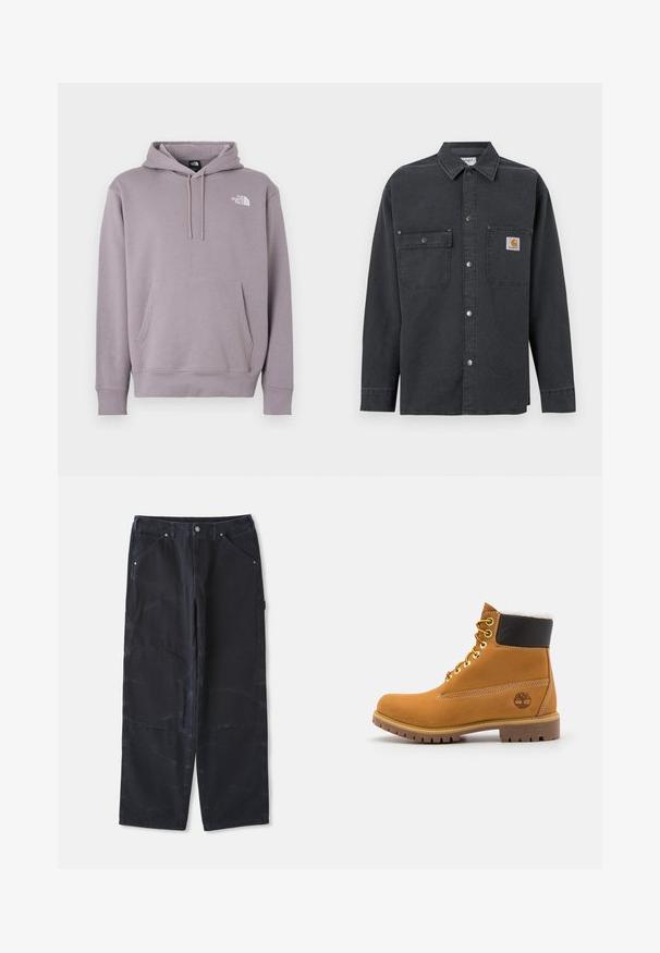 Sweat à capuche en violet clair, fabriqué en tissu doux. Comprend une poche ventrale avant, une capuche avec cordon de serrage, et un logo blanc en haut à gauche.; Chemise à manches longues gris foncé avec boutons sur le devant, deux poches poitrine, dont une avec un petit patch logo carré sur la poche droite.; Pantalons larges noirs en denim avec une finition texturée, dotés de poches avant et d'une fermeture à bouton classique.; Bottine en cuir brun avec œillets en métal, doublure en fourrure blanche, col rembourré noir, semelle robuste et logo en relief sur le côté.