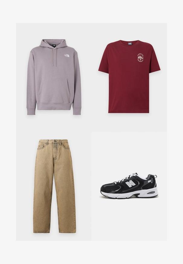 Lys lilla hættetrøje i blødt stof. Har en forlomme foran, snørre i hætten og hvidt logo øverst til venstre.; Vinrød T-shirt med korte ærmer og rund hals med lille hvid New Balance-logo og tekst på venstre bryst, der lyder "New Balance, Boston Massachusetts."; Tan denim jeans med lige ben-design, der har lynlås, bæltesløjfer og kontraststing. Ingen bemærkelsesværdige mønstre eller hardwaredetaljer.; Sorte og grå sportssko med mesh og ruskind på overdelen, der har en hvid mellemsål, snørebånd og et iøjnefaldende "N" logo på siden.