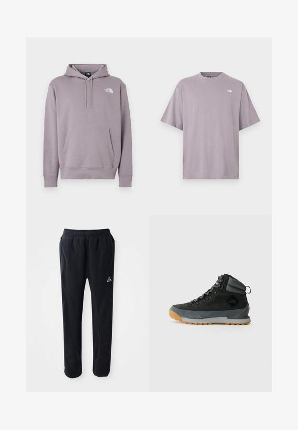 Sudadera con capucha en color púrpura claro, confeccionada con tela suave. Cuenta con un bolsillo frontal tipo canguro, capucha con cordón ajustable y logo blanco en la parte superior izquierda.; Camiseta de manga corta y cuello redondo en algodón color púrpura claro, con un pequeño logo blanco en la parte superior izquierda del pecho. Textura suave y ajuste relajado.; Pantalones atléticos negros de material suave y texturizado, con cinturilla elástica, bolsillos laterales y un acento de logo triangular en el muslo.; Botas de senderismo negras de caña alta, hechas de ante texturizado y materiales sintéticos, con acentos grises, suela de goma robusta y cordones grises.