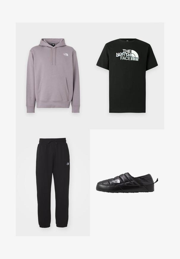 Lys lilla hættetrøje i blødt stof. Har en forlomme foran, snørre i hætten og hvidt logo øverst til venstre.; Sort T-shirt lavet af bomuld med et trykt logodesign i hvid og grå, korte ærmer og rund hals.; Sorte sweatpants lavet af blødt stof, med en elastisk talje med snor, manchetter ved anklerne og et lille logo på det øverste lår.; Sort slip-on sko med et quiltet design, lavet af polstret materiale. Har en struktureret gummisål og et lille trækstrop bagpå.