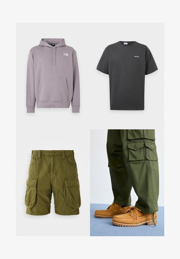 Sudadera con capucha en color púrpura claro, confeccionada con tela suave. Cuenta con un bolsillo frontal tipo canguro, capucha con cordón ajustable y logo blanco en la parte superior izquierda.; Camiseta de manga corta de color gris oscuro con cuello redondo y pequeño logo blanco de Columbia Sportswear en el pecho izquierdo, sobre un fondo liso.; Pantalones cortos cargo color verde oliva, confeccionados en una mezcla de algodón. Cuentan con dos grandes bolsillos laterales y un cierre de botón con trabillas para cinturón. Textura suave.; Timberland AUTHENTIC 3 EYE - Náuticos - wheat