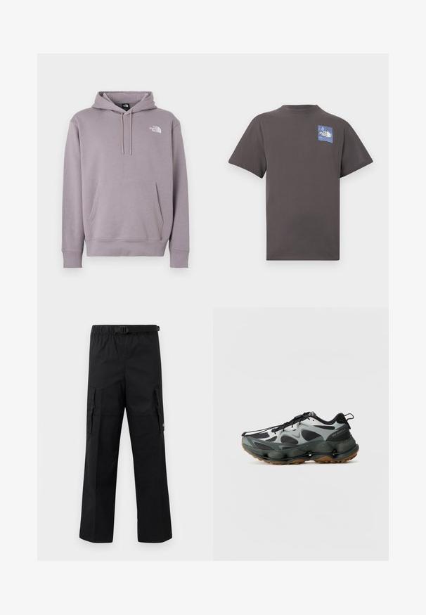 Lys lilla hættetrøje i blødt stof. Har en forlomme foran, snørre i hætten og hvidt logo øverst til venstre.; Mørkegrå T-shirt med korte ærmer og et lille blåt og hvidt The North Face-logo på øverste venstre bryst.; Sorte cargo-bukser med bred ben-design, justerbar talje med spænde og to sidelommer til opbevaring. Letvægtsstof.; Sorte og grå atletiksko med mesh-overdel, skulptureret sål og gummisål. Har et sikkert snøresystem og en trækflap ved hælen.