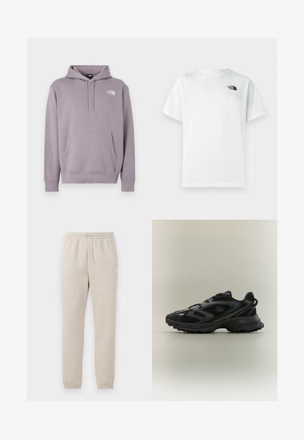 Sweat à capuche en violet clair, fabriqué en tissu doux. Comprend une poche ventrale avant, une capuche avec cordon de serrage, et un logo blanc en haut à gauche.; T-shirt blanc en coton à manches courtes, col rond, avec un petit logo noir sur le côté gauche de la poitrine. Texture lisse.; Pantalons de jogging beige clair fabriqués en tissu doux, avec une taille élastique, un cordon de serrage ajustable et des poignets fuselés au niveau des chevilles.; Chaussure de sport noire avec des panneaux en mesh, une semelle texturée, des lacets et une silhouette courbée avec des accents argentés sur les côtés.
