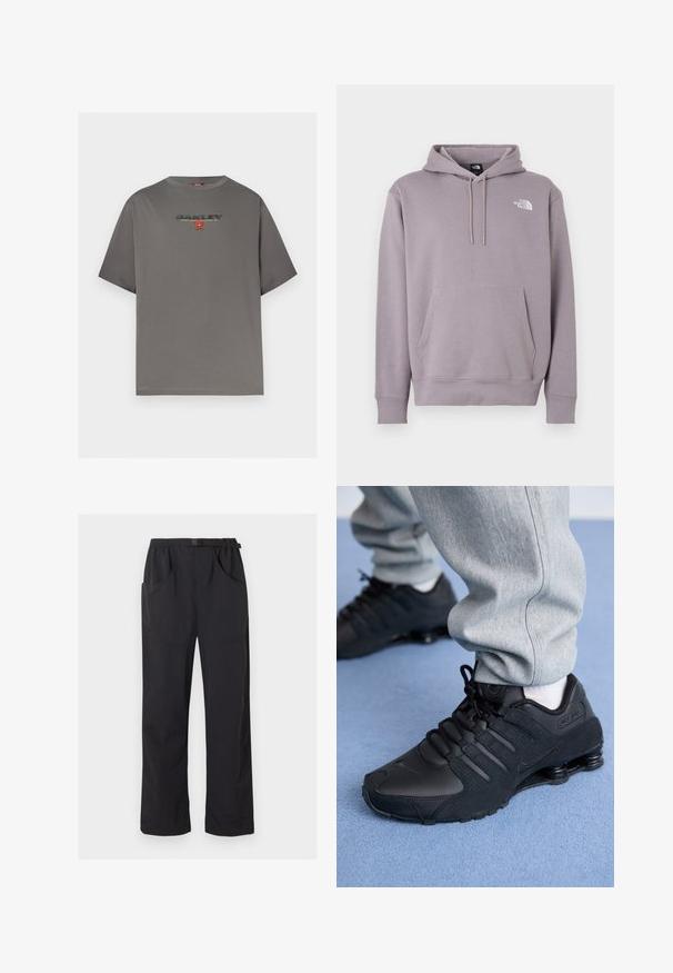 Sweat à capuche en violet clair, fabriqué en tissu doux. Comprend une poche ventrale avant, une capuche avec cordon de serrage, et un logo blanc en haut à gauche.; T-shirt gris à manches courtes avec le logo "OAKLEY" et un petit graphisme rouge centré sur la poitrine, présenté sur un fond blanc uni.; Pantalon noir à jambe droite avec taille élastique et ceinture ajustable à boucle, doté de poches avant et latérales.; Personne portant des baskets Nike Shox noires et un pantalon de survêtement gris, debout sur un tapis bleu clair.