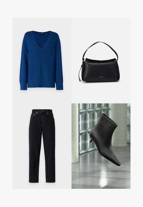 BOSS FUSONIA - Strickpullover - blue; Schwarze Jeans aus Denim mit geradem Bein, hoher Taille und Kontrastnähten. Verfügt über fünf Taschen und einen Reißverschluss.; Schwarzer Leder-Knöchelstiefel mit spitzer Spitze und kleinem Absatz vor einer Wand aus Glasbausteinen und einem polierten Boden.; Schwarze Lederhandtasche mit geschwungener Form, einem einzigen Tragegurt und einem oberen Reißverschluss. Verfügt über ein dezentes Logo auf der Vorderseite zur Markenidentifikation.