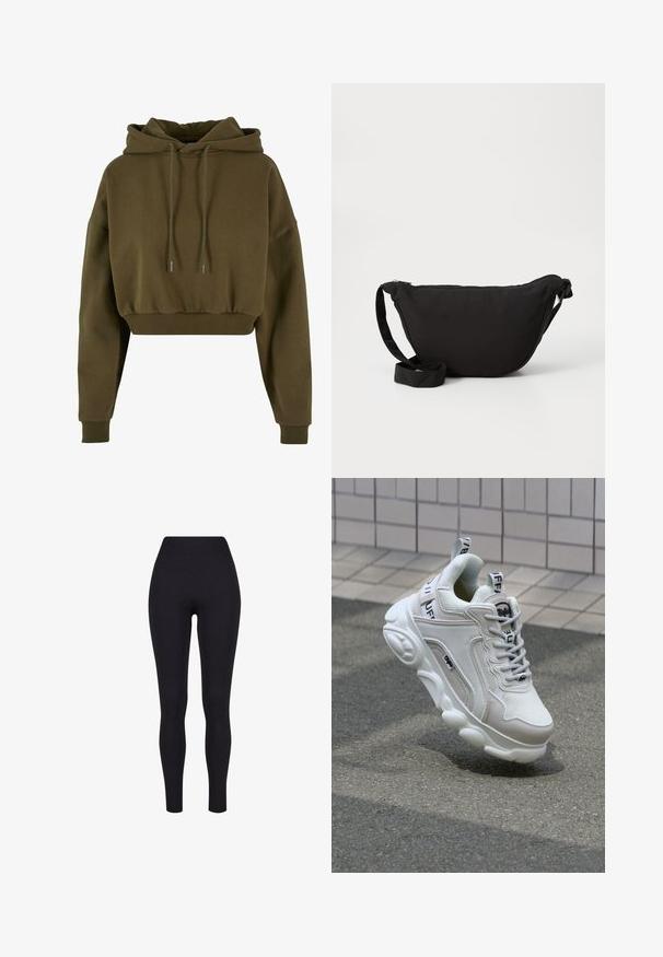 Olivenfarvet cropped hoodie med lange ærmer, snoretræk i hætten, ribbede kanter og manchetter. Lavet af blødt, struktureret bomuldsblandet stof.; Sorte højtaljerede leggings, lavet af strækbart stof, med en glat tekstur og en tætsiddende design uden synlige sømme eller mønstre.; Hvide sneakers med mesh- og lædermaterialer, rund tå, tyk sål, fremtrædende snørebånd og branding på hælen og tungen.; Sort hobo taske lavet af blødt stof, med en buet form, lynlåslukning og en bred justerbar rem. Glat tekstur uden mønstre.