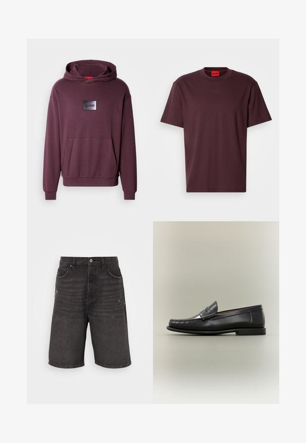 Sweat à capuche bordeaux avec une poche avant, des poignets et un ourlet côtelés. Présente un patch rectangulaire noir avec le logo "HUGO" au centre. Texture lisse.; T-shirt en coton bordeaux avec un col rond. Présente un logo "HUGO" subtilement embossé sur le devant et des manches courtes. Design sobre, texture lisse.; Shorts en denim noir avec une coupe décontractée, dotés de poches avant, d'une texture vieilli et d'une taille classique avec une fermeture à bouton unique.; Mocassin pour homme en cuir noir avec un design moc-toe, une lanière à monnaie et un talon bas sur un fond neutre.