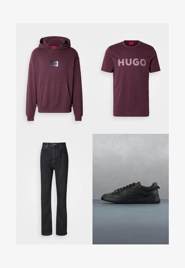 Bordeauxrode hoodie met een voorzak, geribbelde manchetten en zoom. Voorzien van een zwarte rechthoekige patch met het logo "HUGO" in het midden. Soepele textuur.; Bordeaux katoenen T-shirt met een groot, lichter gekleurd "HUGO" logo op de voorkant; ronde halslijn en korte mouwen.; Hoge taille zwarte denim jeans met een knoop- en ritssluiting, voor- en achterzakken en een rechte pasvorm.; HUGO BLAKE - Sneakers laag - black