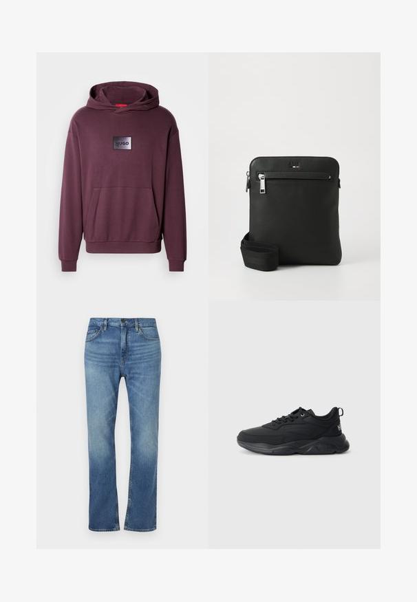 Sweat à capuche bordeaux avec une poche avant, des poignets et un ourlet côtelés. Présente un patch rectangulaire noir avec le logo "HUGO" au centre. Texture lisse.; Jean en denim bleu avec une coupe droite. Comprend cinq poches, une fermeture à bouton et un léger délavage à l'avant et à l'arrière.; Baskets de sport noires avec un dessus en textile lisse, un laçage, un col rembourré, une semelle en caoutchouc contrastante et un détail de logo sur le talon.; Sac bandoulière en cuir noir avec un design plat, surface texturée, fermeture éclair, poche avant et une sangle en tissu ajustable.