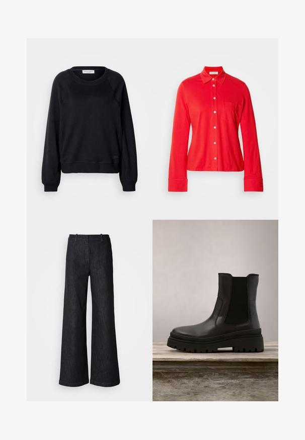 Zwarte trui met een ronde halslijn, raglanmouwen en geribbelde manchetten. Heeft een gestructureerde stof en een klein logodetail op de zoom.; Rode blouse met lange mouwen, gemaakt van rekbaar materiaal, met een kraag, een enkele borstzak en witte knopen aan de voorkant en bij de manchetten.; Zwarte wijde denimbroek met een gestructureerde afwerking, voorzien van taillebandlussen en een nette zoom. Klassiek ontwerp, geschikt voor verschillende gelegenheden.; Zwarte leren enkelboot met een chunky zool, elastische zijkanten en een gladde afwerking. Verhoogd ontwerp met contrasterende profieldetails.