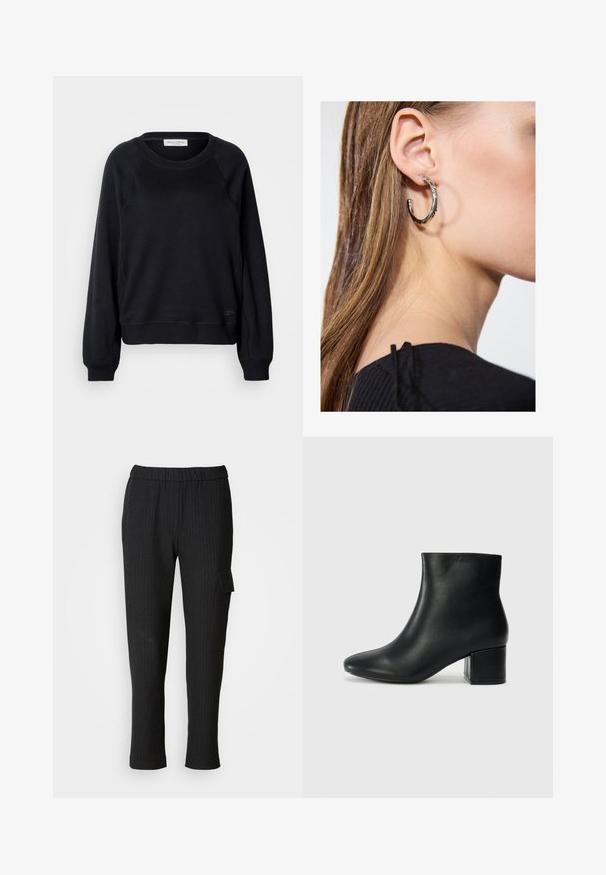 Sudadera negra con escote redondo, mangas raglán y puños acanalados. Presenta una tela con textura y un pequeño detalle de logo en el dobladillo.; Pantalones negros a rayas con un cinturón elástico y diseño de pierna recta. Presenta un bolsillo lateral con tapa, hecho de una tela suave.; Botas de cuero negras hasta el tobillo con una punta afilada y un tacón grueso. Textura lisa con acentos mínimos y un diseño elegante y ajustado.; Pendiente de aro de plata con un acabado pulido, que presenta pequeños detalles en dorado y una forma redonda, llevado en el lóbulo.