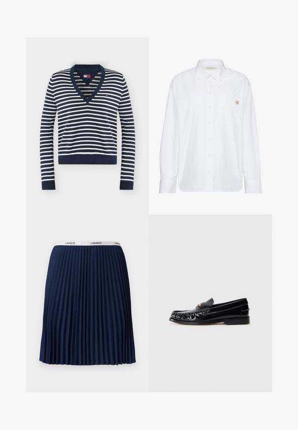 Langærmet V-hals sweater med navy- og hvide striber, med ribstrikkede manchetter og kant, med et lille Tommy Jeans-logo på brystet.; Hvid skjorte med lange ærmer og knapper, spidse krave og lille Calvin Klein-logo på venstre brystlomme.; Marineblå plisseret nederdel med en struktureret design, elastisk talje med "LACOSTE" mærkning og glat stof.; Sorte læder loafers med rund tå, dekorativ sying og en lille gul accent på vampen. Flad gummisål, slankt design.