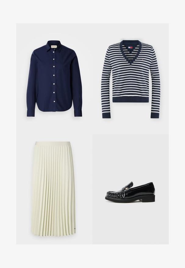 Langærmet V-hals sweater med navy- og hvide striber, med ribstrikkede manchetter og kant, med et lille Tommy Jeans-logo på brystet.; Mørkeblå langærmet skjorte lavet af bomuld, med spids krave, hvide knapper og et diskret logo på brystet. Enkel tekstur.; Plisseret midiskørt i lys cremet stof med en glat talje og ensartede lodrette folder. Har et lille mærke nær kanten.; Sorte patentlæderloafer med en dekorativ rynket kant, flad gummisål og en lille metallogoaccent på remmen.