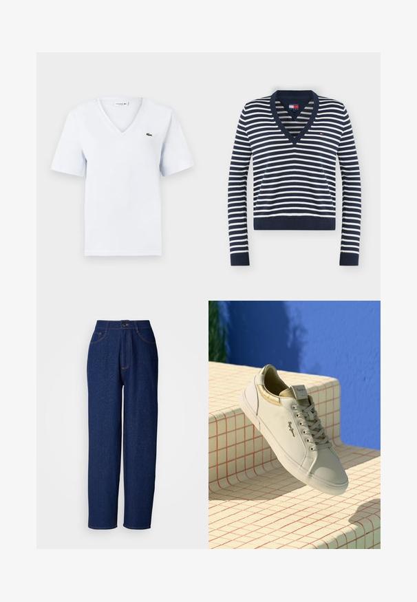 Pull à manches longues rayé bleu marine et blanc avec col en V, poignets et ourlet côtelés, avec un petit logo Tommy Jeans sur la poitrine.; T-shirt en coton bleu clair à manches courtes, décolleté en V, avec un petit logo crocodile vert de Lacoste sur la poitrine gauche. Texture douce.; Pantalon large en denim bleu foncé à taille haute, avec des coutures orange, des poches avant et une fermeture à bouton. Texture lisse avec de légères nuances.; Baskets blanches avec une texture lisse et des accents dorés, présentant un design à lacets et une languette de marque, sur un fond à motif de grille.