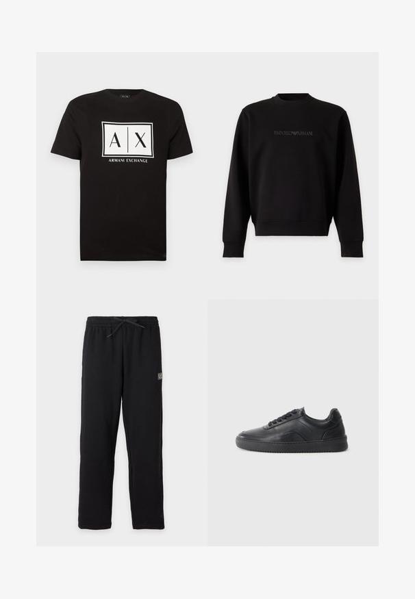 Hanorac negru cu mâneci lungi și decolteu rotund, cu logo Emporio Armani subtil embosat centrat pe piept, pe un fundal simplu.; Tricou negru cu mâneci scurte, cu un logo dreptunghiular alb care afișează textul "A | X" și "Armani Exchange" centrat pe piept.; Pantaloni de trening negri cu talie elastică și șnur, având un mic patch dreptunghiular cu logo-ul EA7 pe partea superioară a coapsei stângi.; Adidași din piele neagră cu o finisare netedă, vârf rotunjit, panou lateral texturat și șireturi negre. Prezintă o talpă din cauciuc plată și un design minimalist.