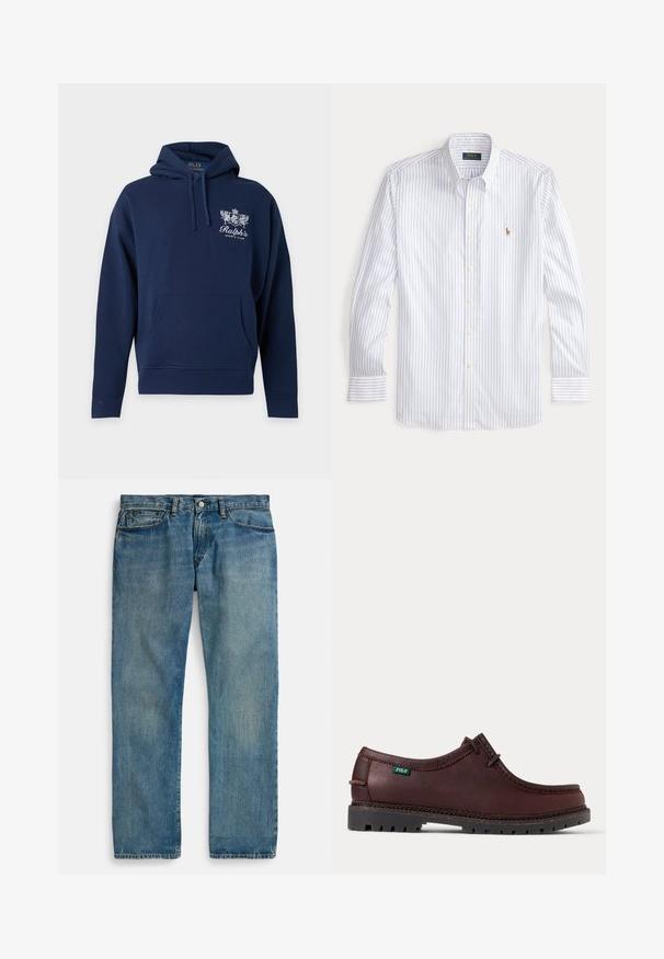 Sudadera con capucha azul marino con bolsillo delantero y logo blanco "Ralph's Sports Club" en el pecho.; Camisa de vestir con botones en blanco con rayas azules, con cuello clásico, mangas largas y un pequeño logo bordado en el pecho.; Jeans de mezclilla azul claro con diseño de pierna recta, que cuentan con cinco bolsillos, cierre de botón y un sutil desvanecido para aportar textura.; Zapato estilo mocasín de cuero marrón oscuro con suela negra resistente y etiqueta con el logo verde de Polo en el lateral, mostrado en vista lateral.
