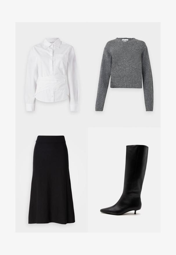 Suéter de punto gris de manga larga con cuello redondo y puños y dobladillo acanalados, presentado sobre un fondo blanco.; Camisa blanca de manga larga con cuello, botones en el frente, pequeño bolsillo en el pecho y diseño envolvente en la cintura. Tejido de algodón suave.; Falda de punto negra acampanada con una cinturilla ancha, de longitud midi, textura suave y sin patrones visibles ni detalles de hardware.; Bota alta de cuero negro hasta la rodilla con puntera puntiaguda y tacón bajo tipo kitten sobre un fondo claro y liso.
