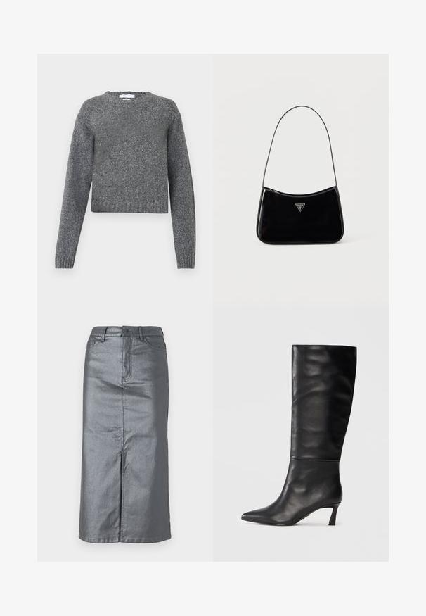 Pull en tricot gris à manches longues avec col rond et poignets et ourlet côtelés, présenté sur un fond blanc.; Jupe en jean gris métallique avec une forme droite, fente avant, design à cinq poches et fermeture à bouton à la taille. Les coutures plates sont visibles.; Botte noire en cuir, hauteur genou, avec un bout pointu et un talon fin. Texture lisse avec un design sans coutures et une finition polie.; Sac à bandoulière en cuir verni noir avec une sangle fine, logo triangulaire Guess sur le devant et une fermeture éclair supérieure.