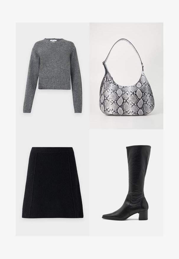 Grå langærmet strikket sweater med rund hals og ribbede manchette og kant, vist mod en hvid baggrund.; Sort strikket nederdel med ribbet tekstur og en udskåret form. Har vertikale sømme for struktur og en solid talje i toppen.; Knæhøj sort læderstøvle med spids tå, minimale sømdetaljer og en chunky firkantet hæl. Glat tekstur med en blank overflade.; Sort-hvid slangemønster skuldertaske med en rund form, glat tekstur og en buet rem. Har et sølvfarvet hardware-accents.