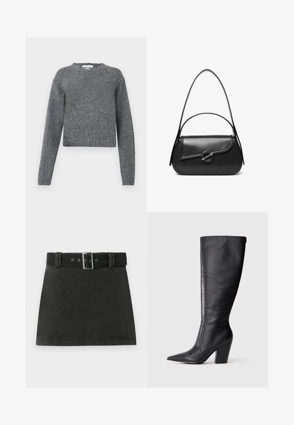 Grå langærmet strikket sweater med rund hals og ribbede manchette og kant, vist mod en hvid baggrund.; Sort denim miniskirt med et matchende bælte, der har metalspænde og bæltestropper, præsenteret fladt på en hvid baggrund.; Sort læderknehøj støvle med spids tå og kraftig høj hæl, vist i venstre sideprofil på hvid baggrund.; Sort skuldertaske i læder med en buet klap, der er fastgjort med en rund metal spænde, og en slank, justerbar rem.