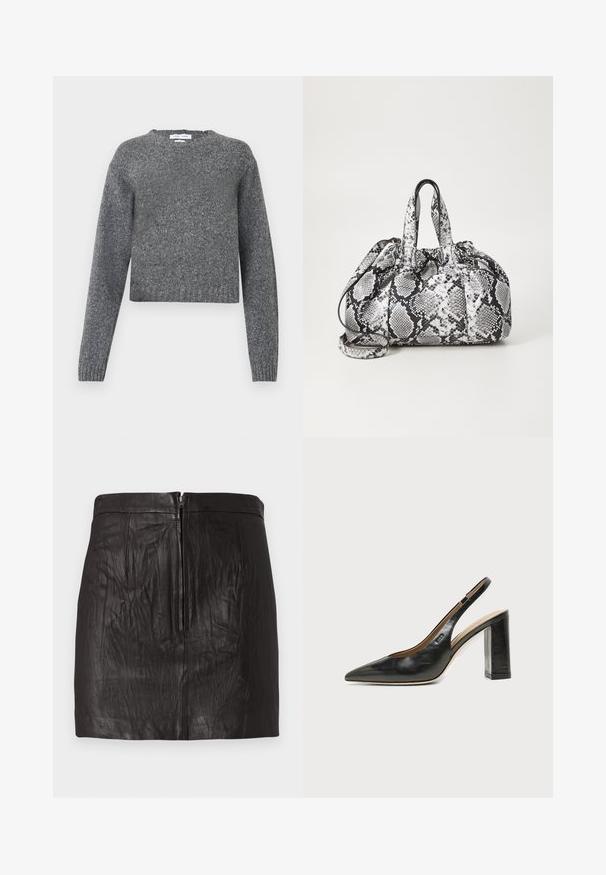 Grå langærmet strikket sweater med rund hals og ribbede manchette og kant, vist mod en hvid baggrund.; Sort læder mini-skirt med lynlås foran og subtile lodrette sømdetaljer på en ensfarvet baggrund.; Sort læder peep-toe slingback sko med høj blokhæl og beige indvendig foring mod en ensfarvet lys baggrund.; Håndtaske med sort og hvid slidmønster, to håndtag, snøre lukning og aftagelig skulderrem. Glat tekstur.