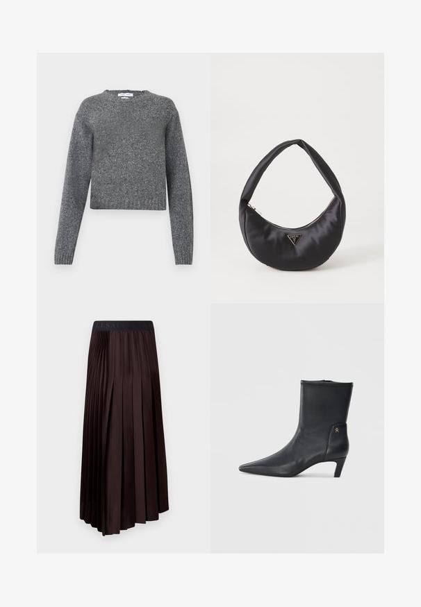 Grå langærmet strikket sweater med rund hals og ribbede manchette og kant, vist mod en hvid baggrund.; Mørkebrune, plisserede midi-skjorter med en glat tekstur, der har en elastisk talje og et logo-detalje øverst.; Sorte læder ankelstøvler med spids tå og en lav hæl. Har en glat overflade og et lille guld logo detalje på siden.; Sort satin håndtaske med en buet form, der har en lynlåslukning og et trekantet logo i metal på forsiden. Glat tekstur og slankt design.