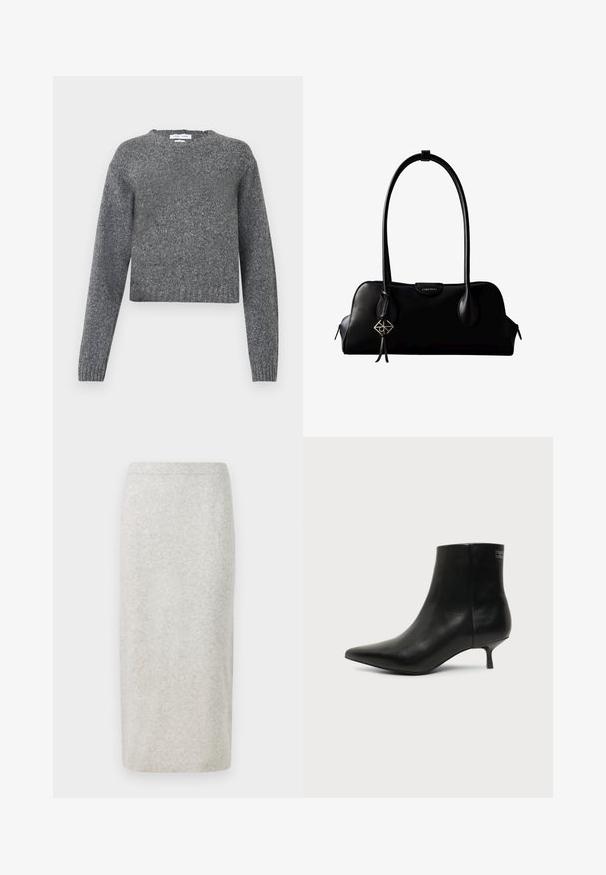 Grå langærmet strikket sweater med rund hals og ribbede manchette og kant, vist mod en hvid baggrund.; Strikpencilskørt i lysegrå, med en glat tekstur og tætsiddende design, afsluttet nederst med en let strækbar talje. ; Sort læder ankelstøvle med spids tå og lav kitten hæl på lys baggrund, der viser yderside.; Sort lædertaske fra Calvin Klein med lange håndtag, en forside-logo-tag og en sølv geometrisk vedhæng, der hænger fra det ene håndtag.